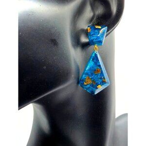 Zsiska Blue Resin Dangle Earrings Gold Leaf Marbled Modernist Statement Signed